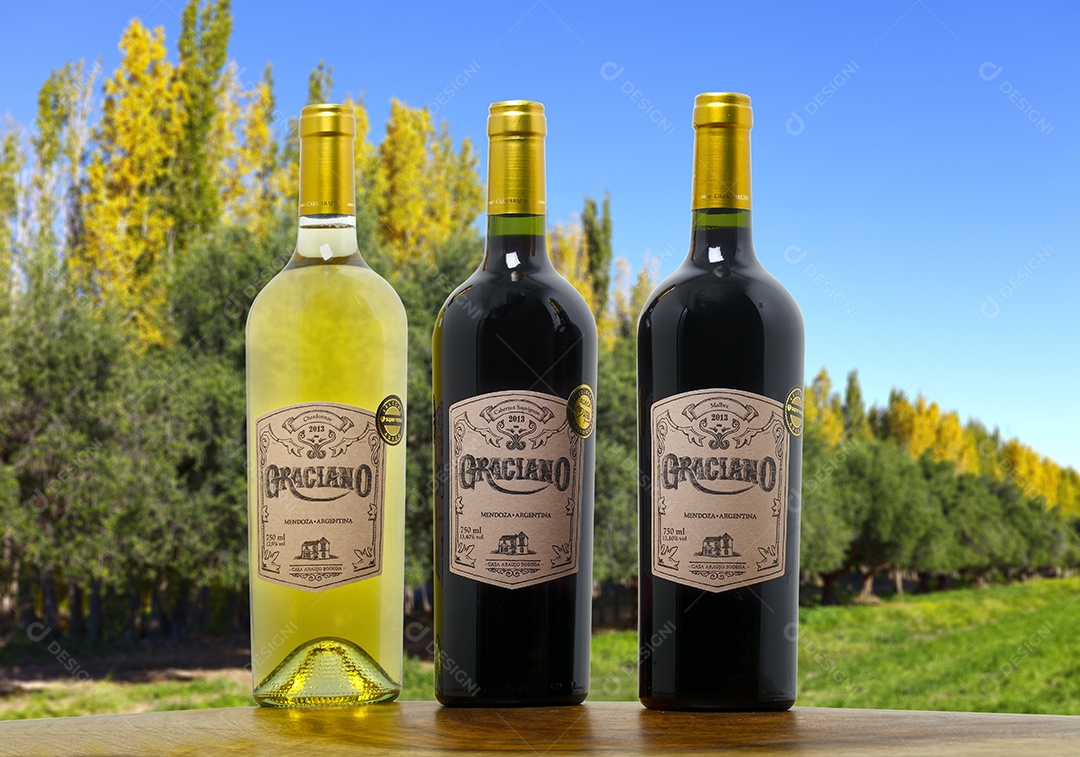 Garrafas de vinhos sobre uma mesa de madeira