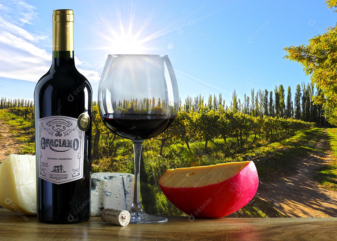 Garrafa e taça de vinho e queijo para degustação