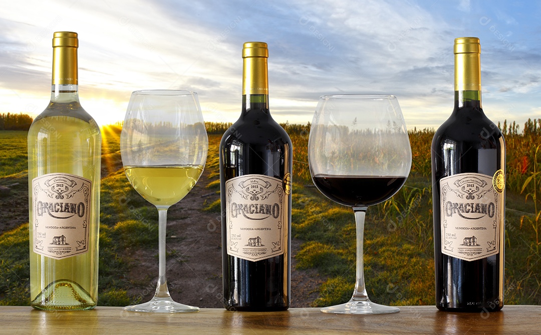 Garrafas de vinho sobre mesa de madeira