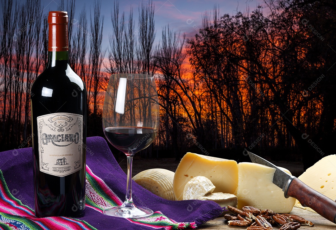 Garrafa de vinho com queijo para desgustação