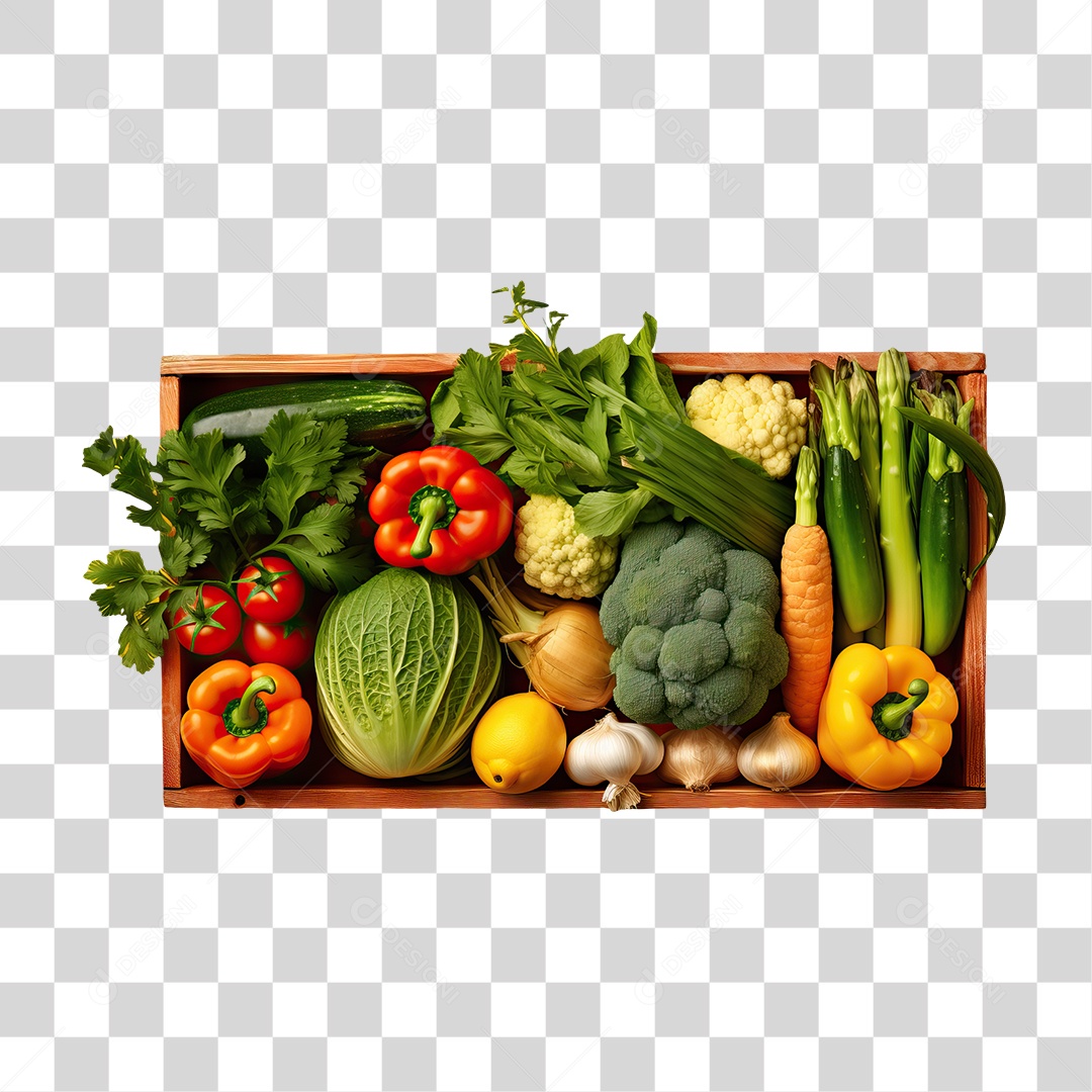 Caixa de Madeira com Verduras Frutas e Legumes PNG Transparente