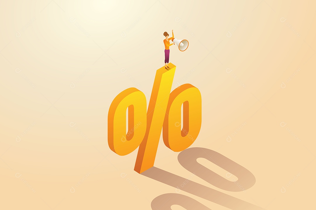 Comercialização de Vendedor Feminino Em Um Grande Símbolo de Porcentagem Grande Vetor EPS