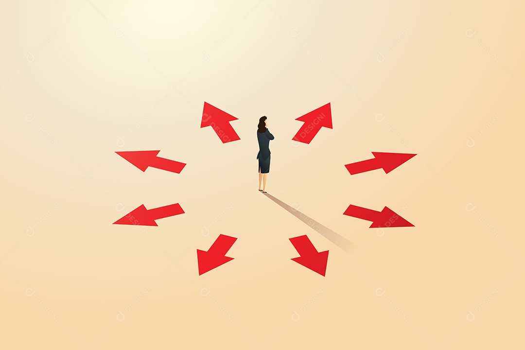 Empresária de Pé no Meio de Uma Seta Apontando para Vários Vetor EPS