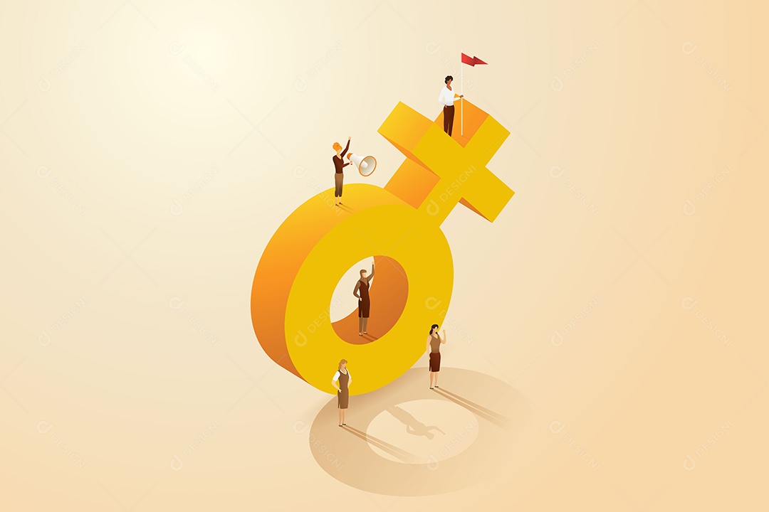 Grupo de Mulheres Em Pé Sobre Um Grande Símbolo de Gênero Feminino Vetor EPS