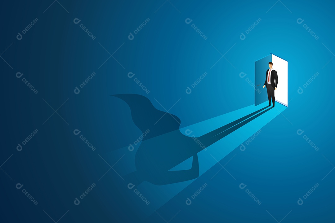 Empresário Em Frente a Uma Porta Aberta Com Um Reflexo de Super Herói no Chão Vetor EPS