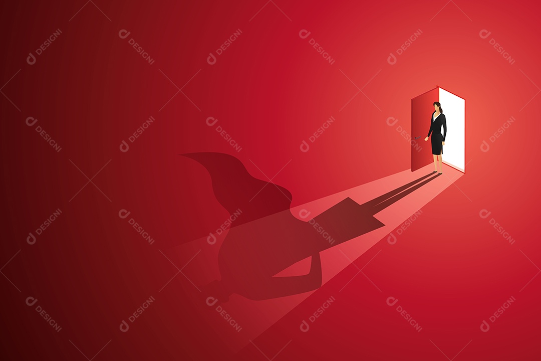 Mulher de Negócios Em Frente a Uma Porta Aberta Com Um Reflexo de Super Herói no Chão Vetor EPS