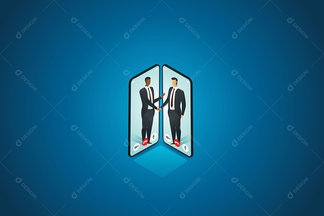 Dois Empresários Apertando as Mãos Através de Uma Tela de Smartphone Fazendo Negócios por Meio de Canais Online Vetor EPS