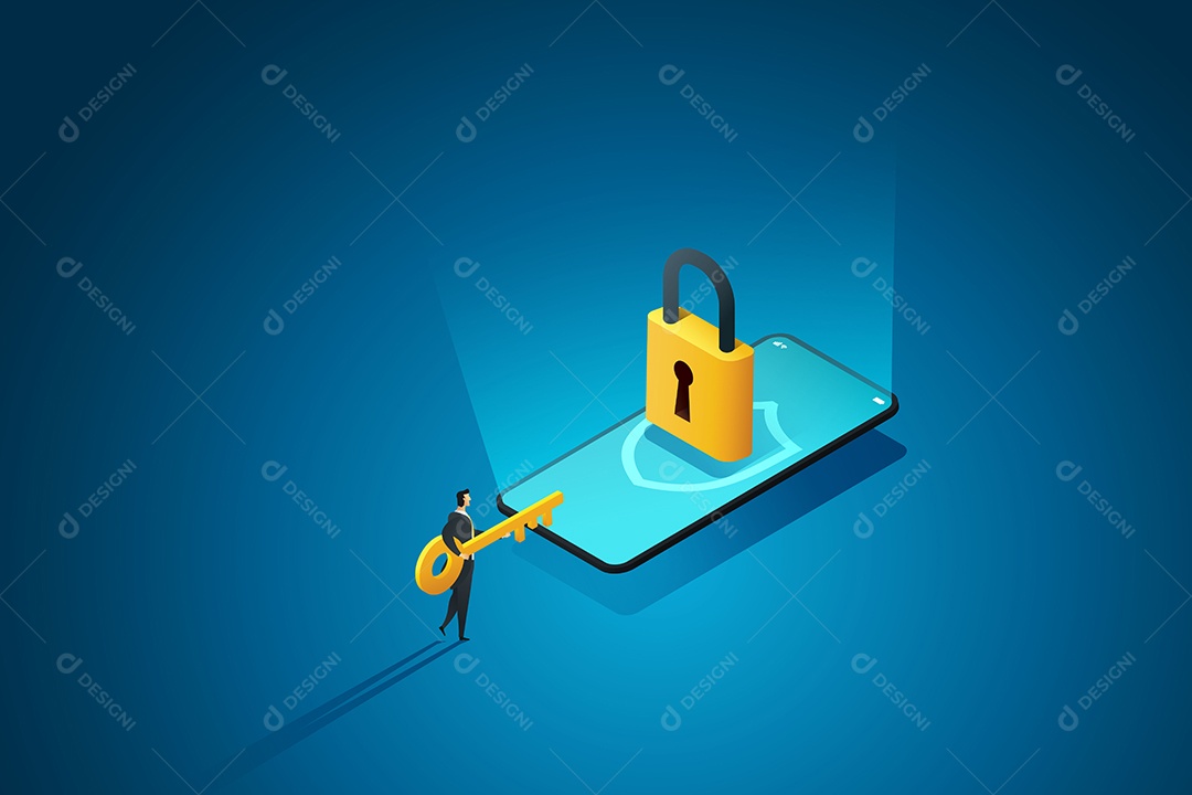 Empresário Segurando as Chaves Prontas para Desbloquear a Segurança da Internet Em Um Celular Bloqueado Vetor EPS