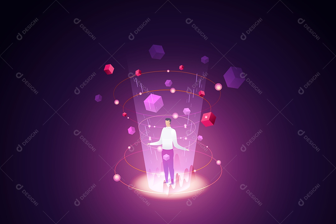 Homem Parado no Meio da Tecnologia Blockchain Tridimensional Em Um Fundo Neon Vetor EPS