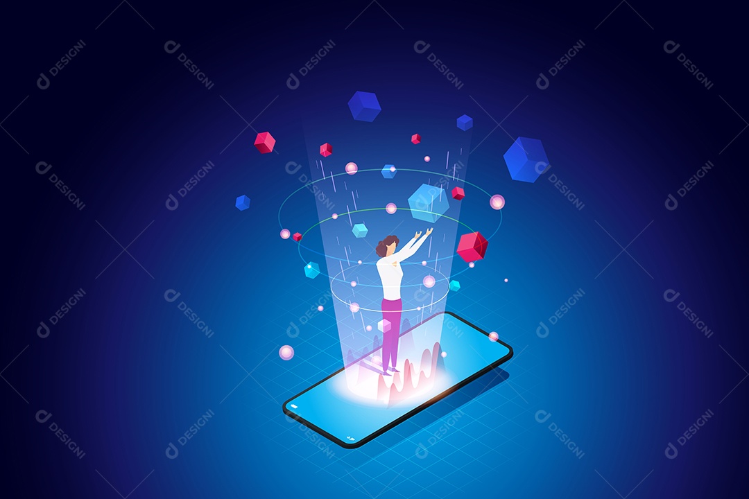 Uma Mulher Em Pé no Meio da Tecnologia Blockchain Tridimensional no Smartphone Vetor EPS