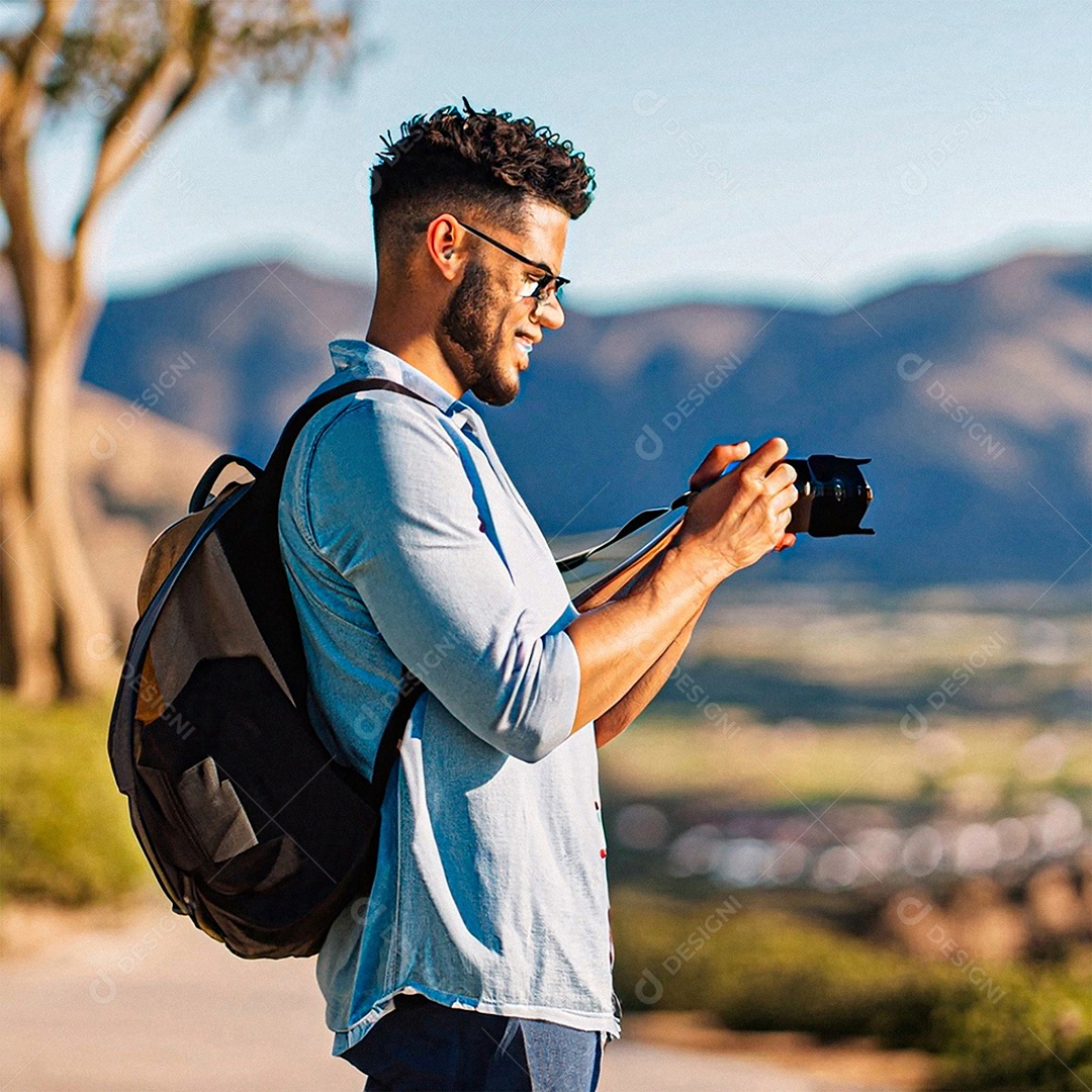 Homem segurando câmera fotográfica