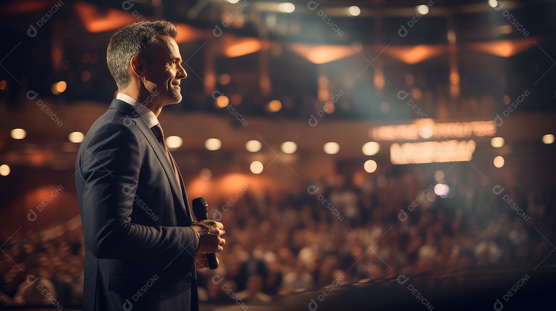 Palestrante se apresentando no palco com holofotes conversando com muitas pessoas na platéia