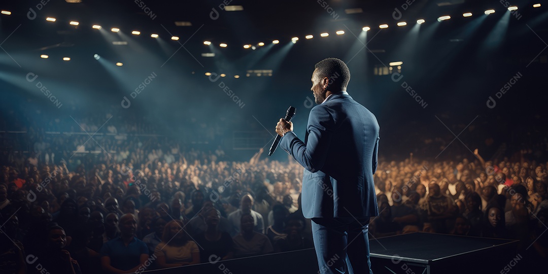 Palestrante se apresentando no palco com holofotes conversando com muitas pessoas na platéia