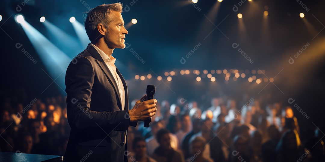 Palestrante se apresentando no palco com holofotes conversando com muitas pessoas na plateia