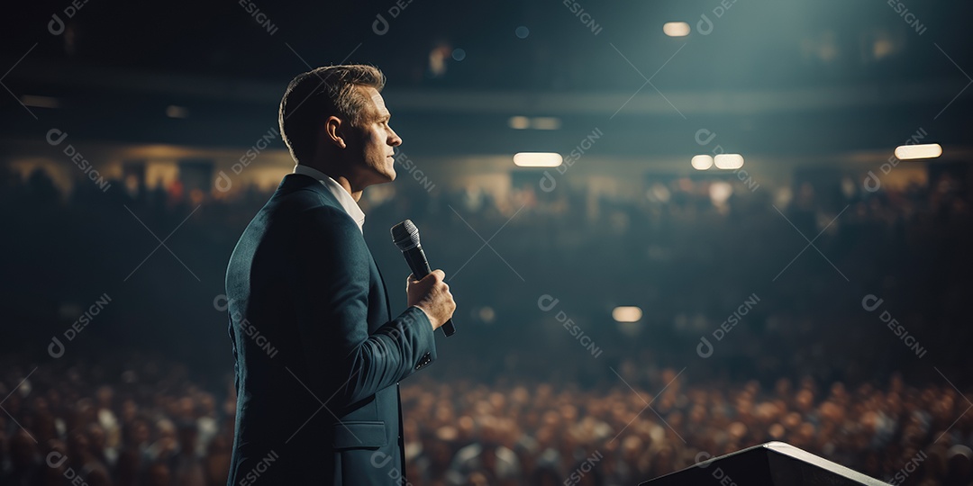 Palestrante se apresentando no palco com holofotes conversando com muitas pessoas na plateia