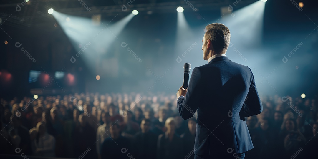 Palestrante se apresentando no palco com holofotes conversando com muitas pessoas na plateia
