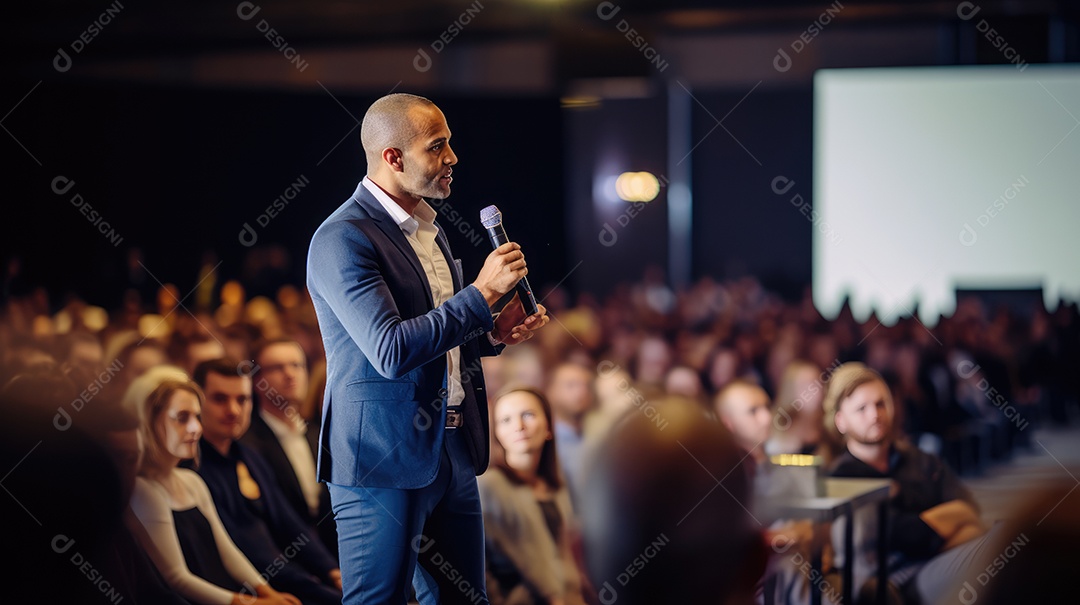 Palestrante se apresentando no palco com holofotes conversando com muitas pessoas na plateia