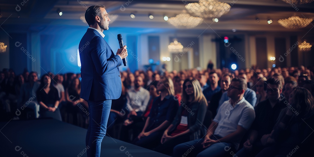 Palestrante se apresentando no palco com holofotes conversando com muitas pessoas na plateia