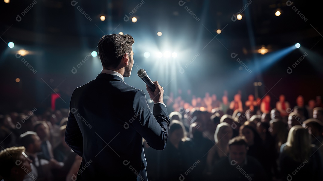 Palestrante se apresentando no palco com holofotes conversando com muitas pessoas na plateia