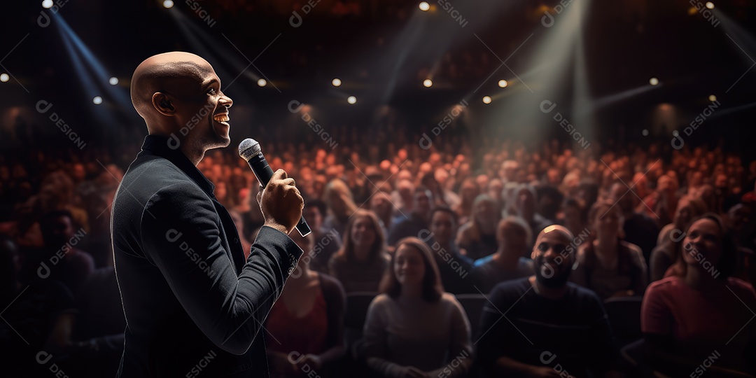 Palestrante se apresentando no palco com holofotes conversando com muitas pessoas na plateia