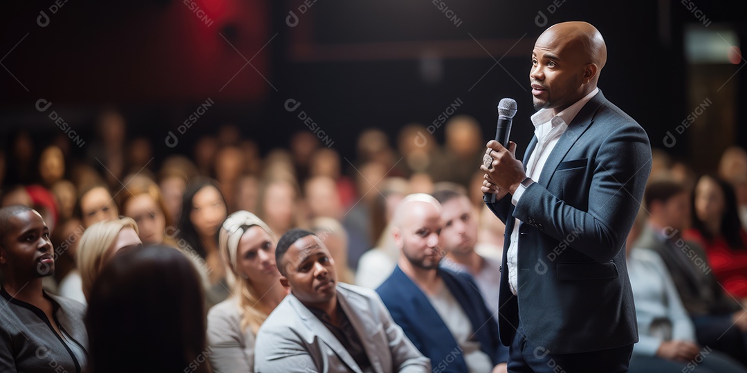 Palestrante se apresentando no palco com holofotes conversando com muitas pessoas na plateia