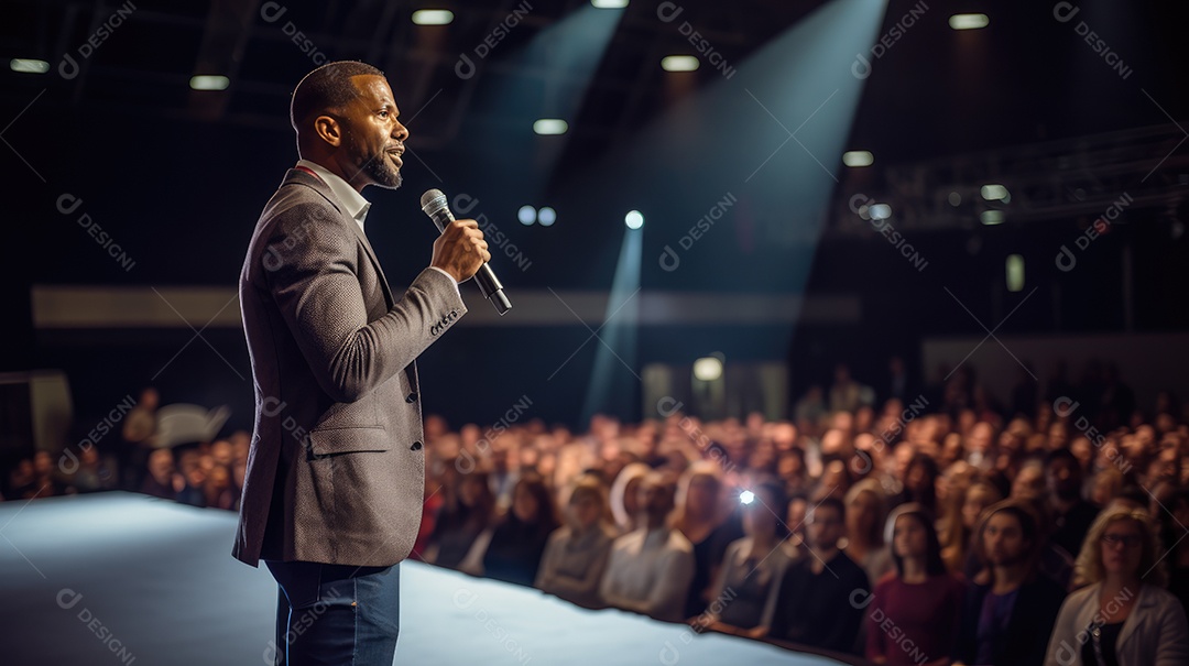 Palestrante se apresentando no palco com holofotes conversando com muitas pessoas na plateia