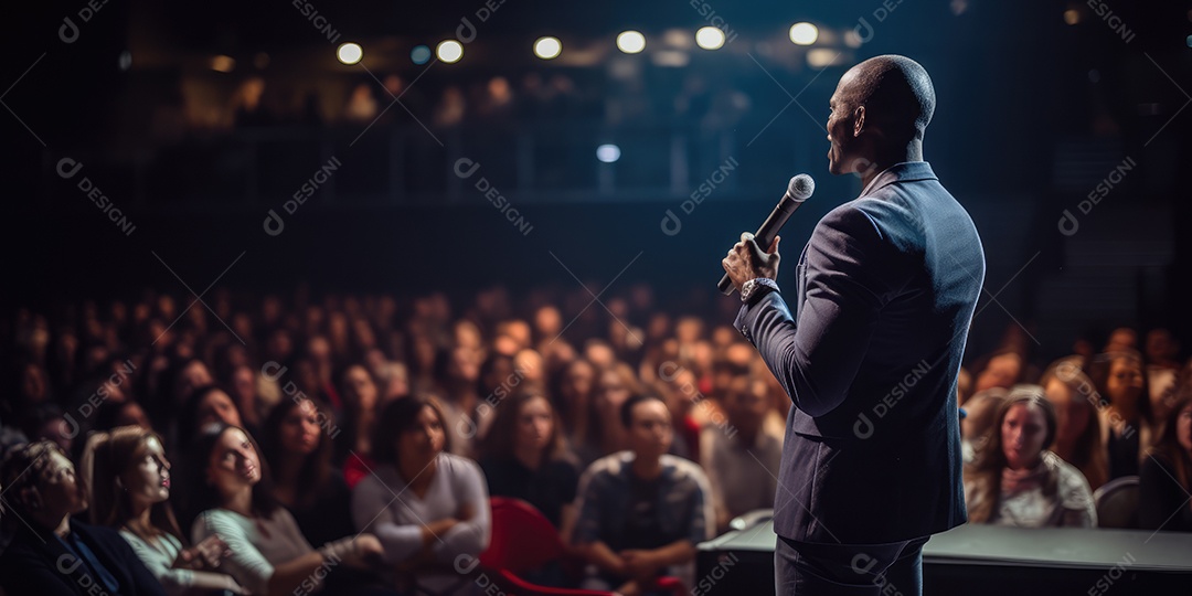 Palestrante se apresentando no palco com holofotes conversando com muitas pessoas na plateia
