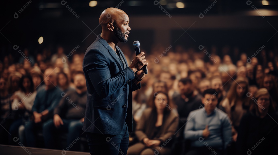 Palestrante se apresentando no palco com holofotes conversando com muitas pessoas na plateia