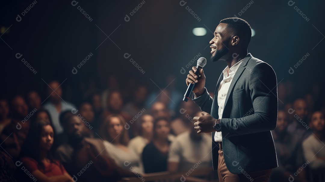 Palestrante se apresentando no palco com holofotes conversando com muitas pessoas na plateia