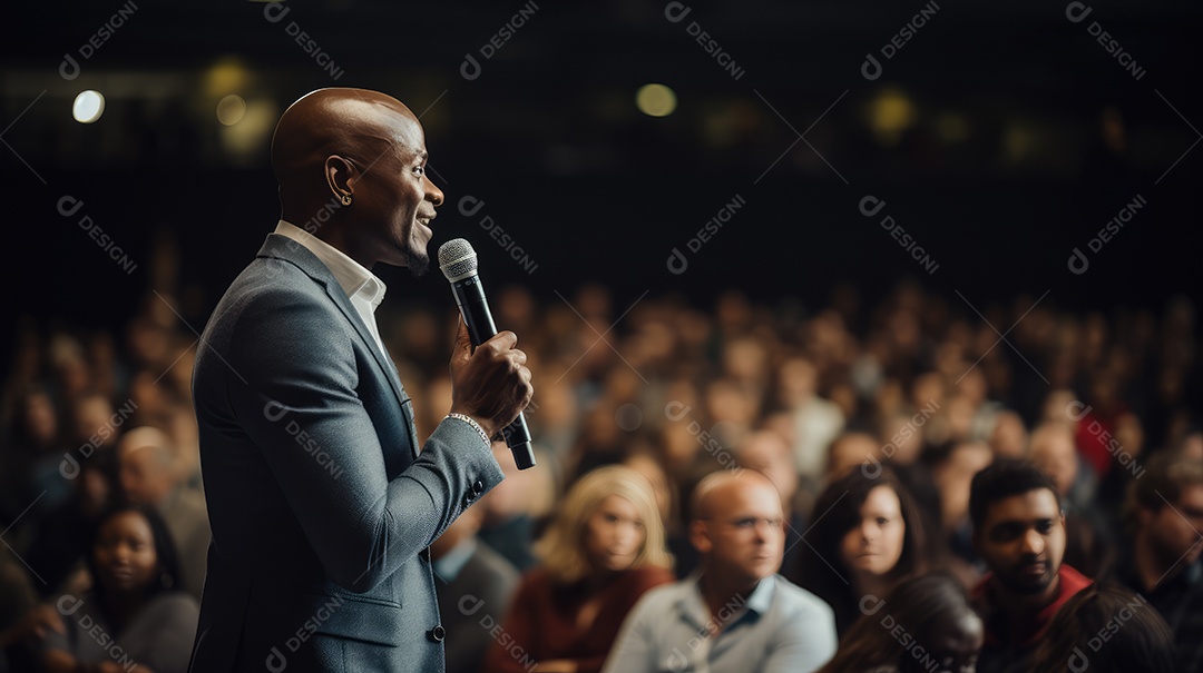 Palestrante se apresentando no palco com holofotes conversando com muitas pessoas na plateia
