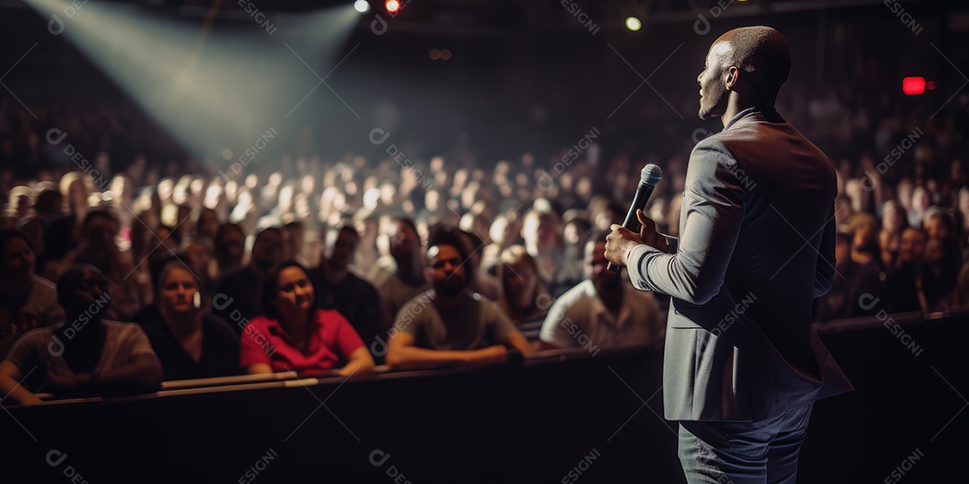Palestrante se apresentando no palco com holofotes conversando com muitas pessoas na plateia