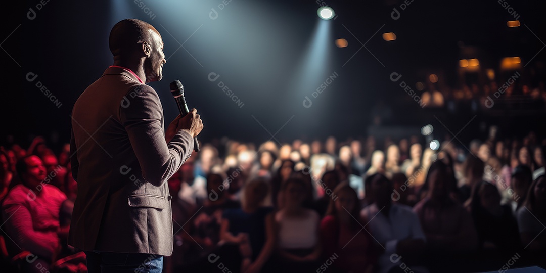 Palestrante se apresentando no palco com holofotes conversando com muitas pessoas na plateia