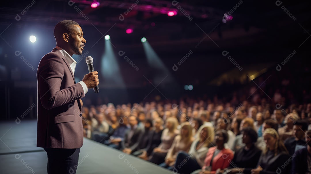 Palestrante se apresentando no palco com holofotes conversando com muitas pessoas na plateia