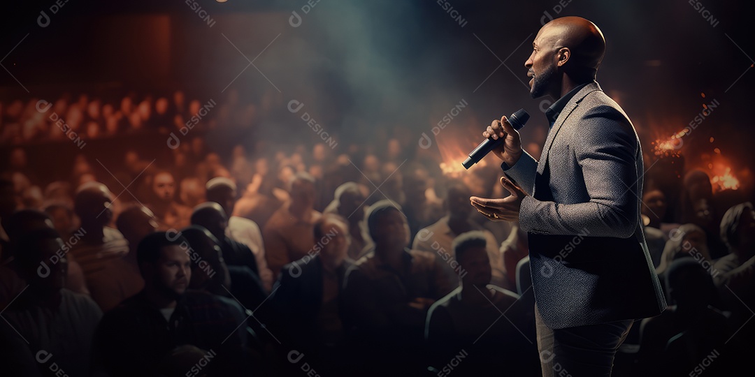 Palestrante se apresentando no palco com holofotes conversando com muitas pessoas na plateia