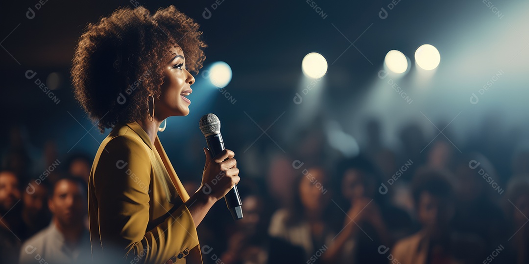 Palestrante se apresentando no palco com holofotes conversando com muitas pessoas na plateia