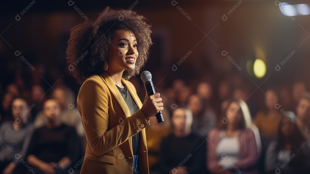 Palestrante se apresentando no palco com holofotes conversando com muitas pessoas na plateia