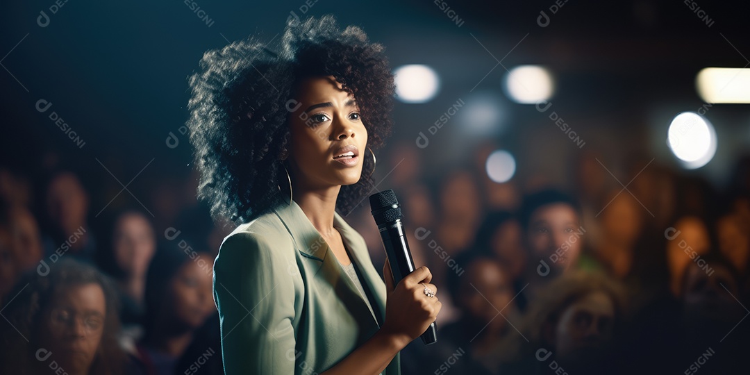Palestrante se apresentando no palco com holofotes conversando com muitas pessoas na plateia