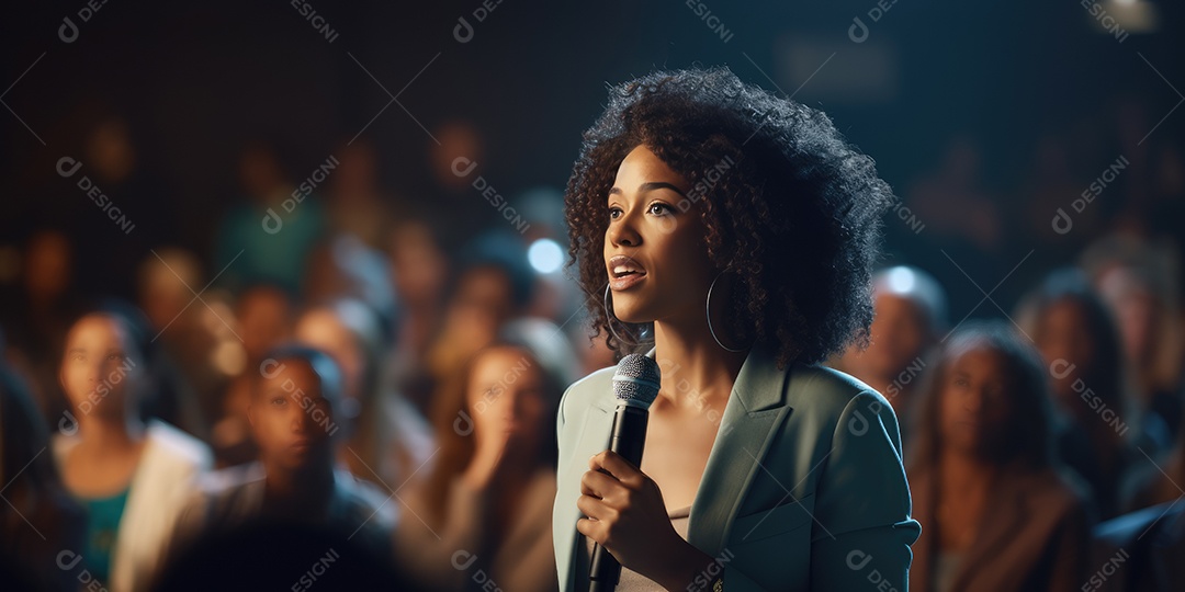 Palestrante se apresentando no palco com holofotes conversando com muitas pessoas na plateia