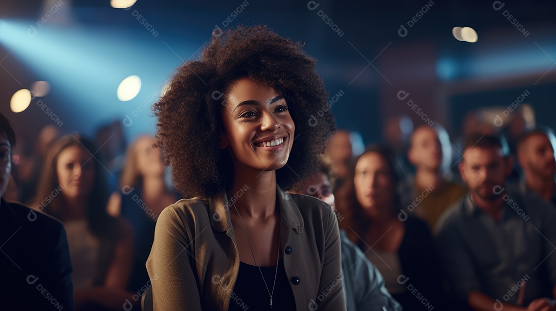 Palestrante se apresentando no palco com holofotes conversando com muitas pessoas na plateia