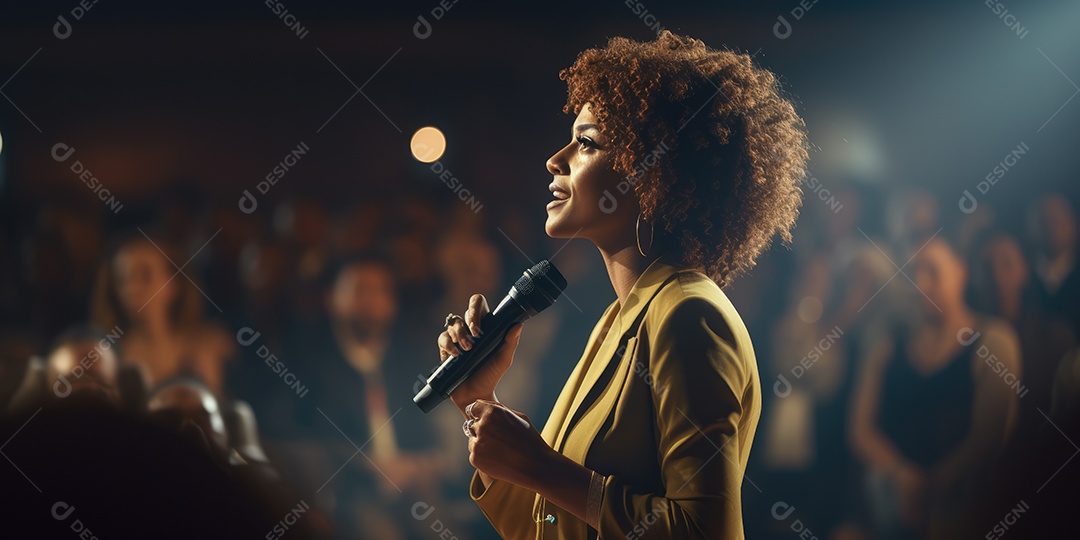 Palestrante se apresentando no palco com holofotes conversando com muitas pessoas na plateia