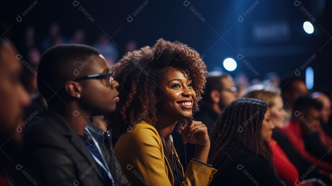 Palestrante se apresentando no palco com holofotes conversando com muitas pessoas na plateia