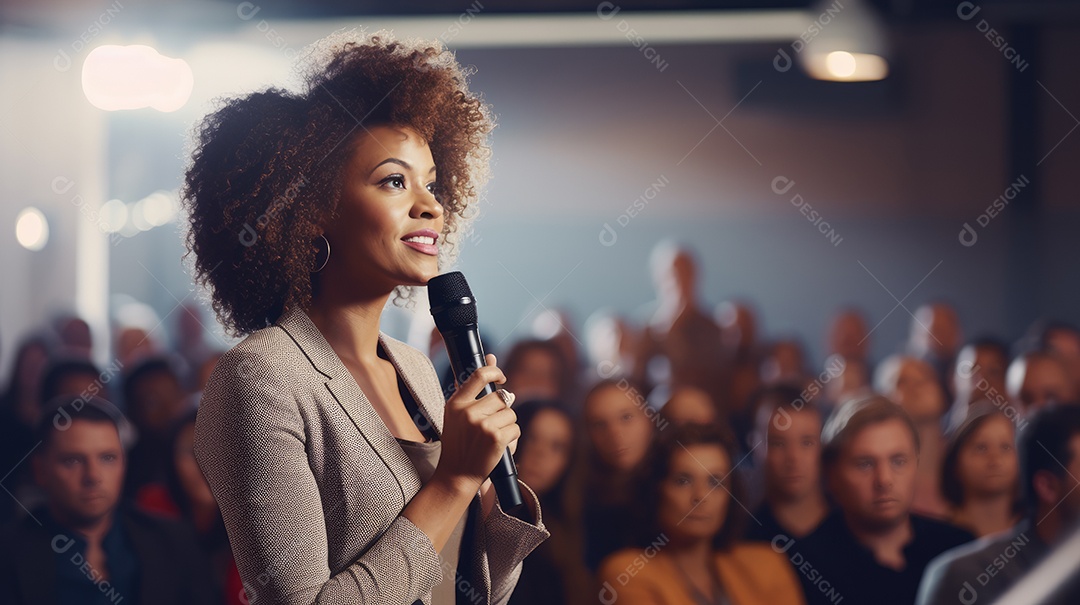 Palestrante se apresentando no palco com holofotes conversando com muitas pessoas na plateia