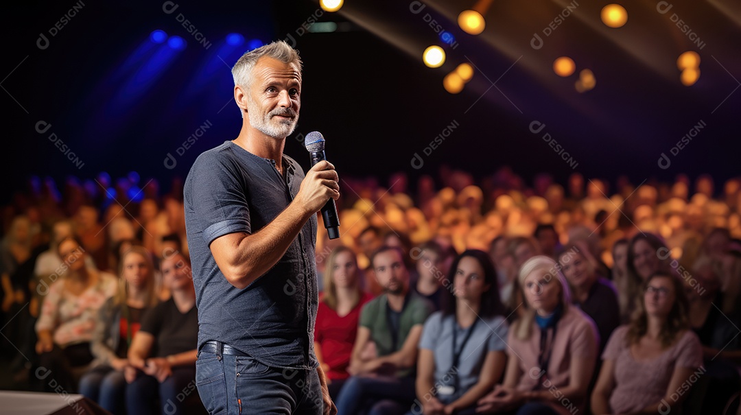Palestrante se apresentando no palco com holofotes conversando com muitas pessoas na plateia