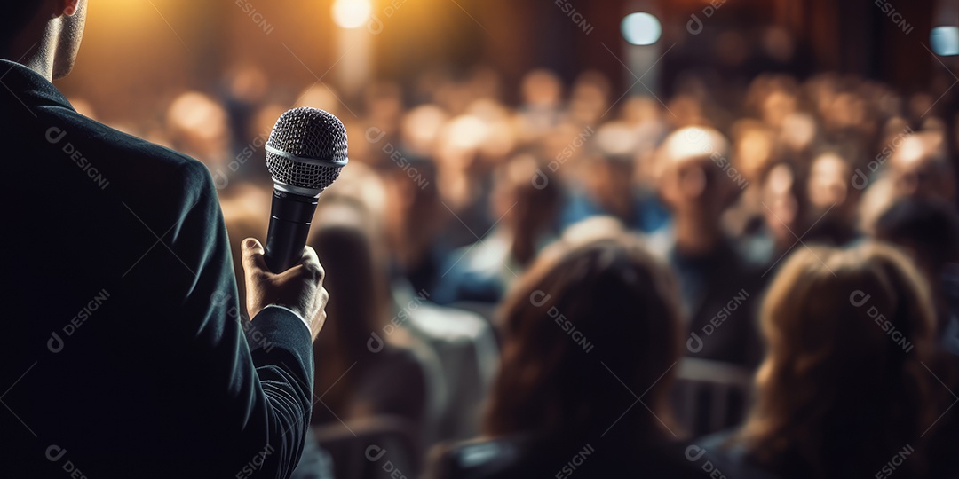 Palestrante se apresentando no palco com holofotes conversando com muitas pessoas na plateia