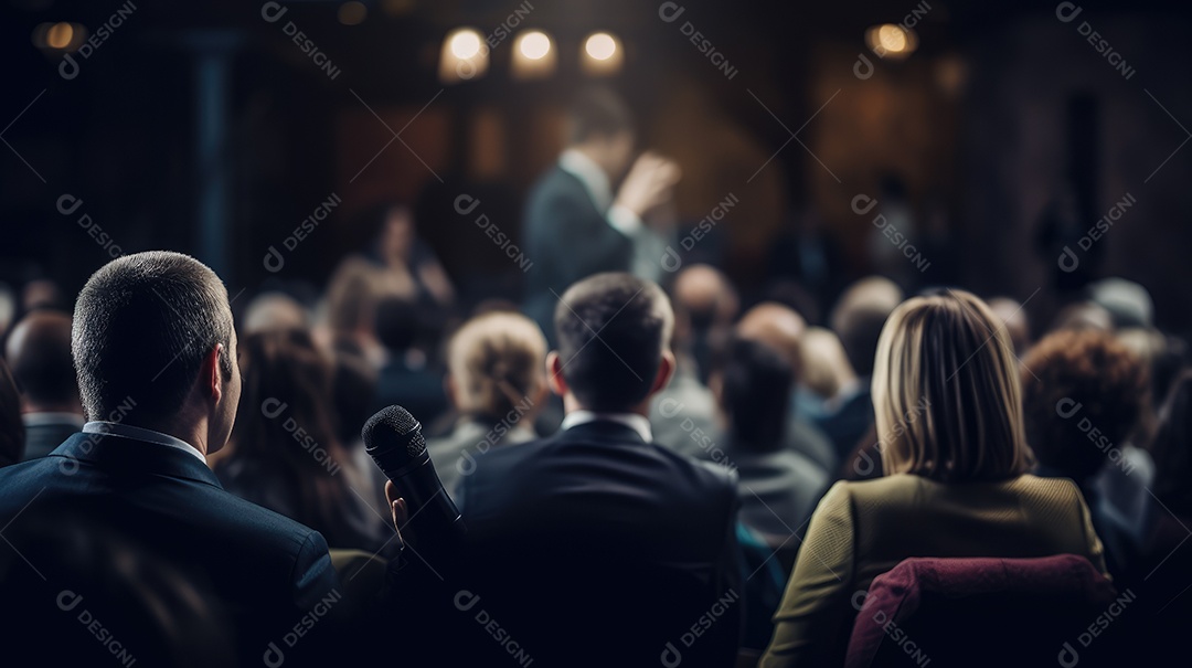 Palestrante se apresentando no palco com holofotes conversando com muitas pessoas na plateia