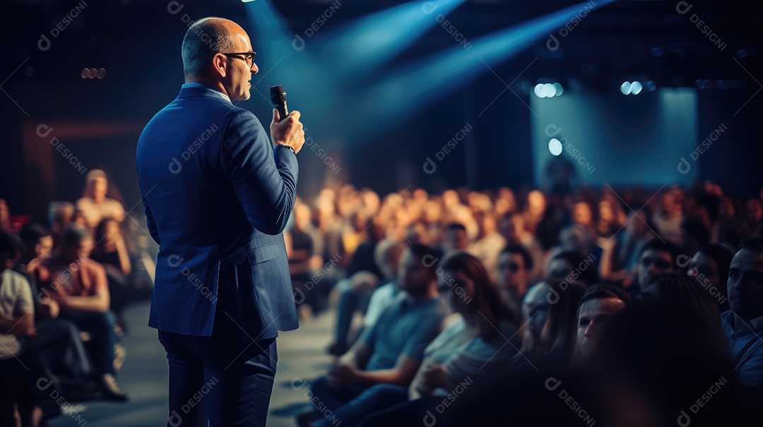 Palestrante se apresentando no palco com holofotes conversando com muitas pessoas na plateia