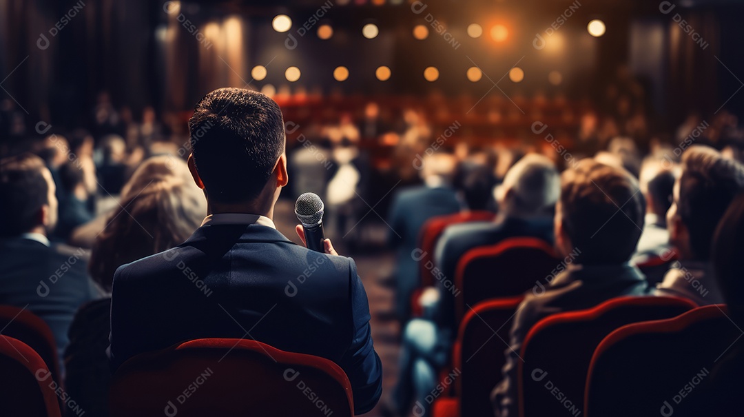 Palestrante se apresentando no palco com holofotes conversando com muitas pessoas na plateia