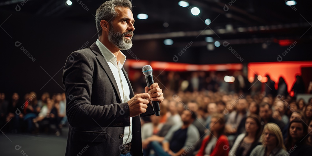 Palestrante se apresentando no palco com holofotes conversando com muitas pessoas na plateia