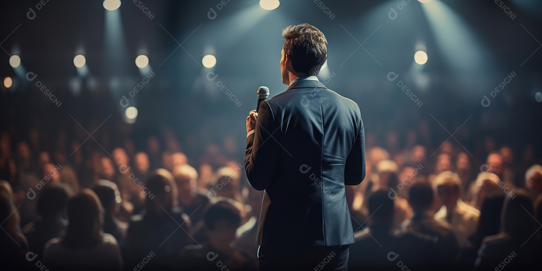 Palestrante se apresentando no palco com holofotes conversando com muitas pessoas na plateia