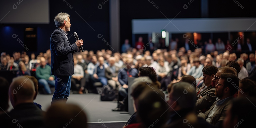 Palestrante se apresentando no palco com holofotes conversando com muitas pessoas na plateia